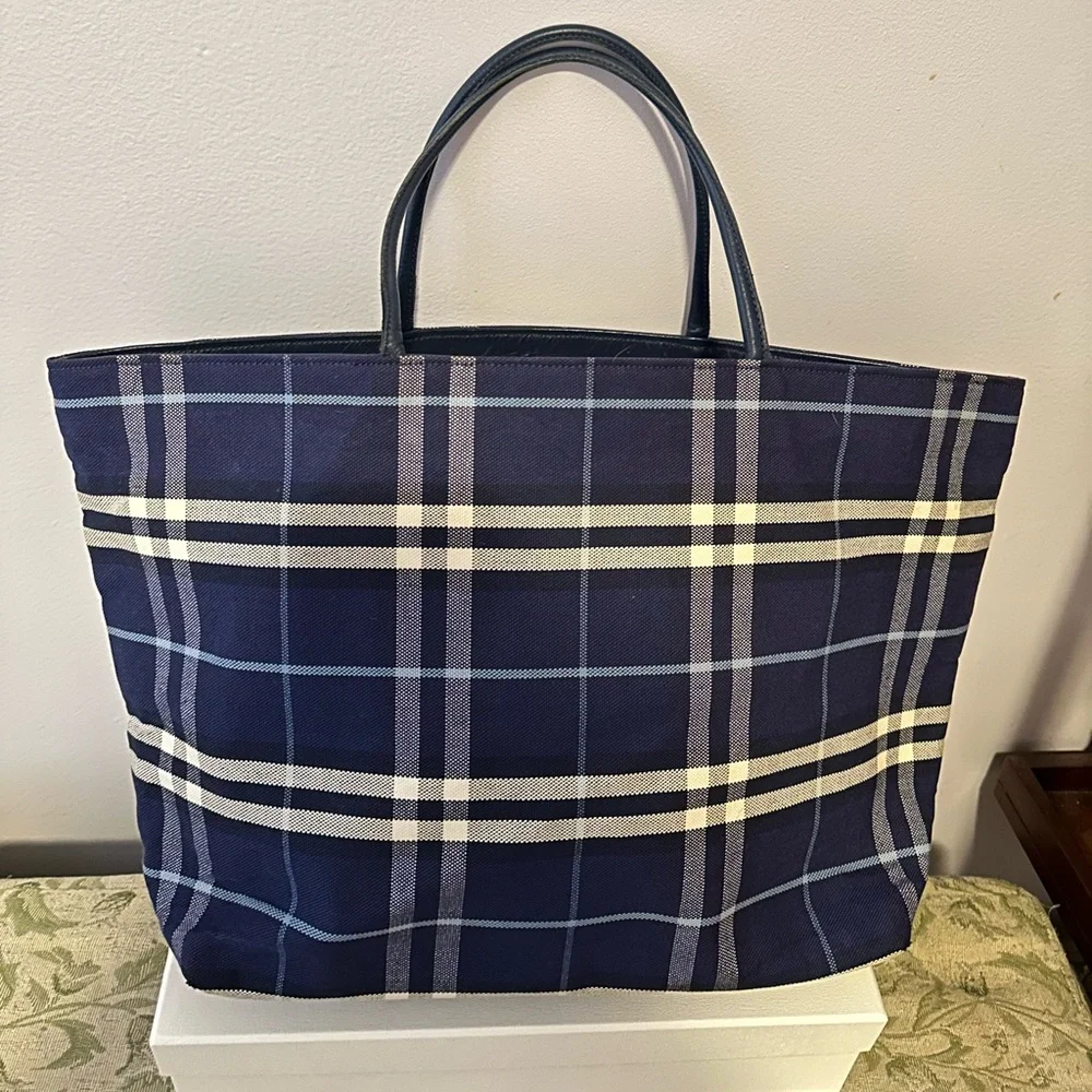 Burberry Navy and Cream Plaid Canvas Tote